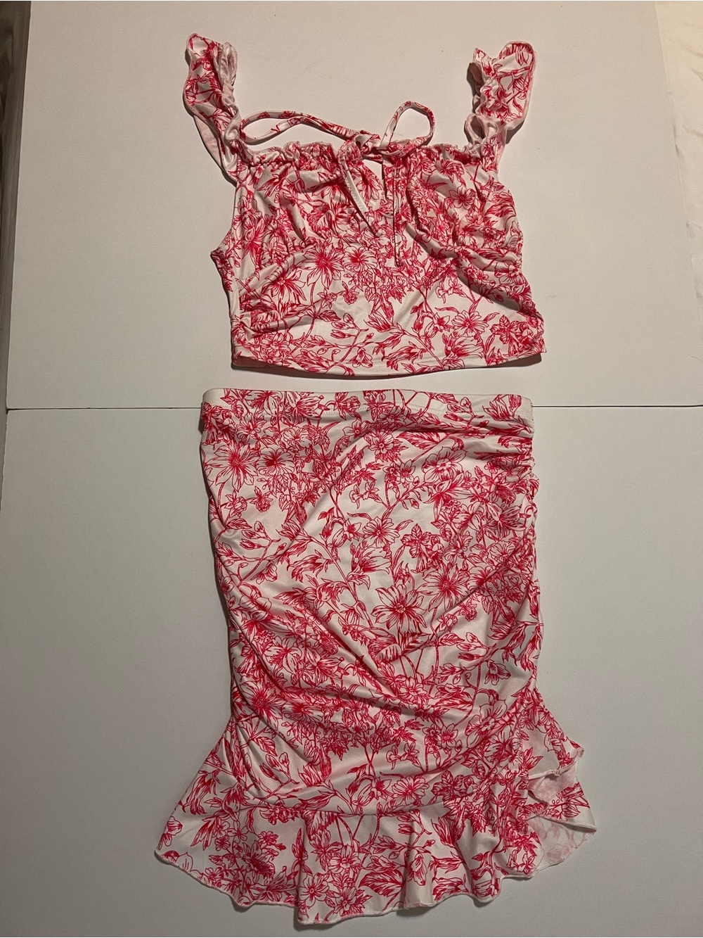 SHEIN Pink Floral Slip Skirt and Blouse with Tie Straps NWOT